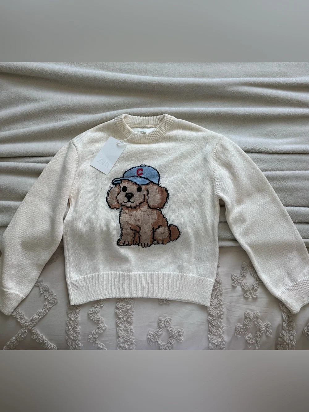 ZARA Girls Dog Knit Sweater Cream Size 9-10Y 140 Cute Puppy Graphic Pullover NWT